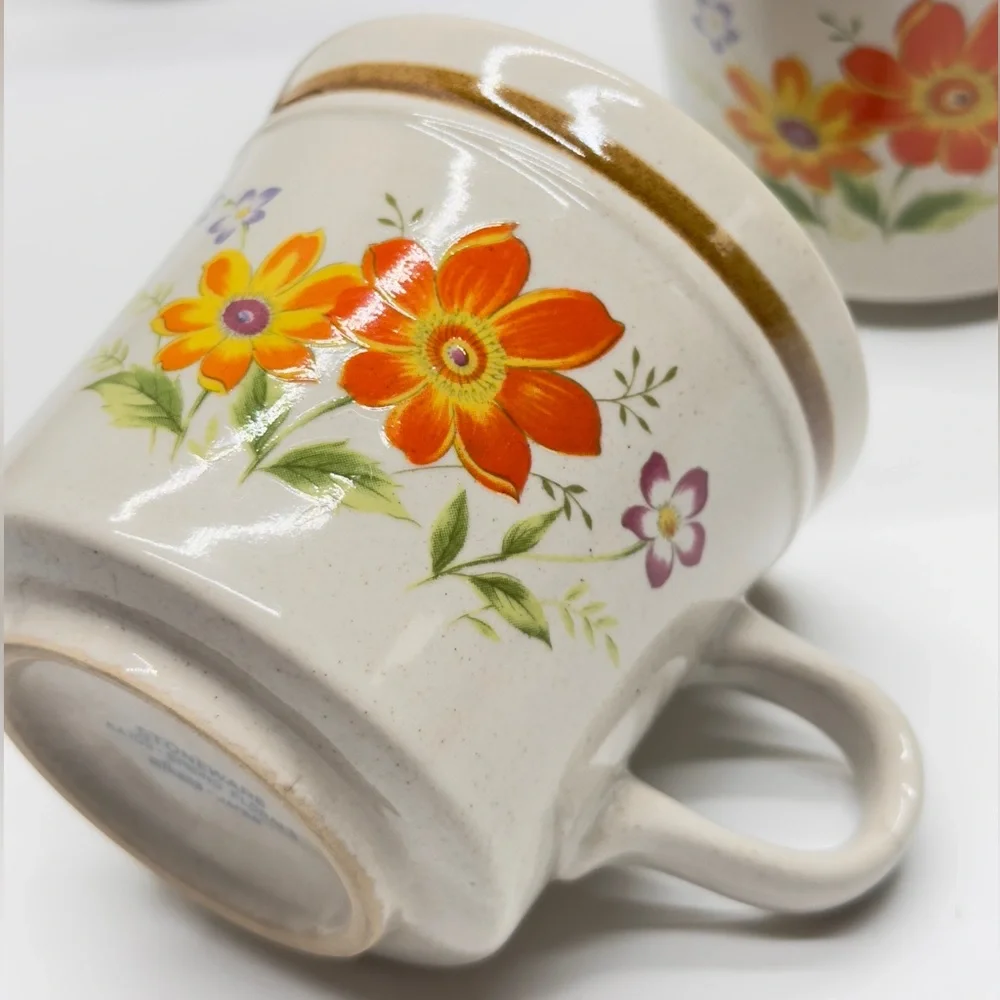 Mikasa Cream and Orange Floral Coffee Cups / Mugs Set of 4 Stonecraft KA103 - Picture 3 of 8